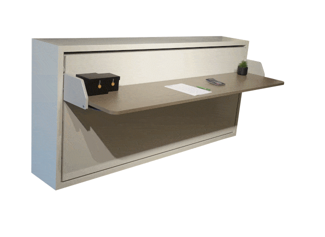 Hier is te zien hoe het bed van het opklapbed of de bedkast Kali Board uitgeklapt wordt.