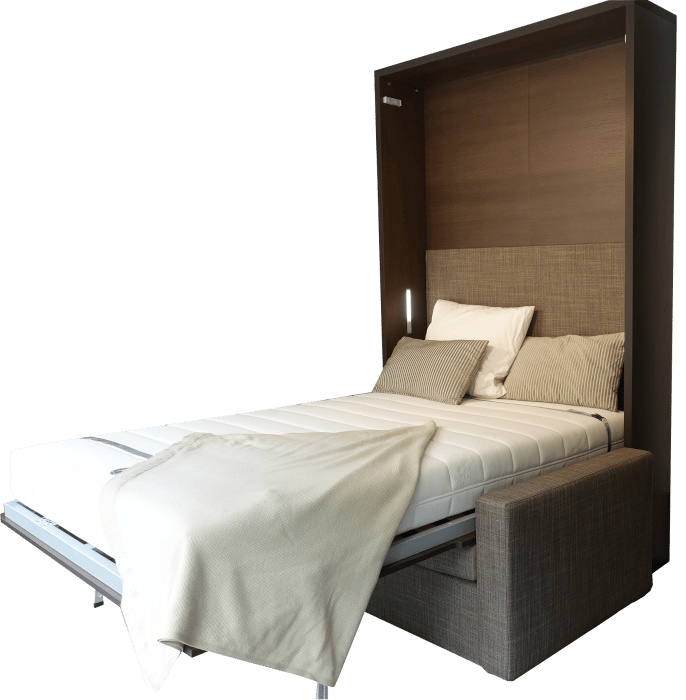 The unfolded wall bed Cubo Murphy with lighting and headboard